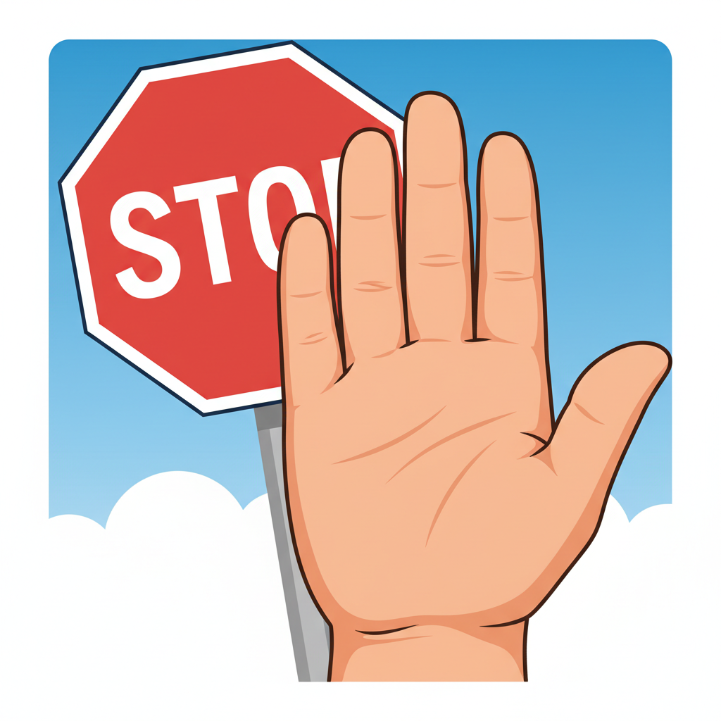 Cartoon child hand making a stop gesture, strong and confident, with a red stop sign background element