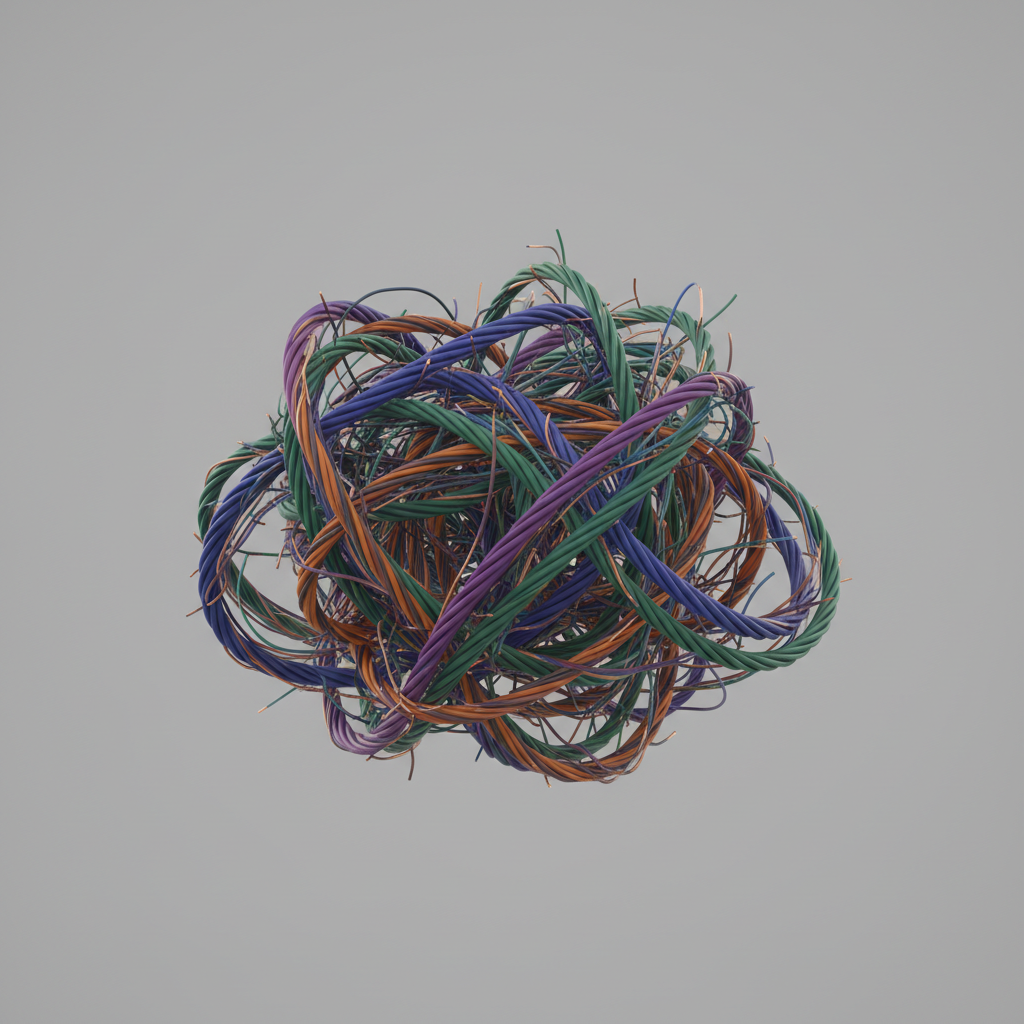 3d render of a tangled knot of wires representing complexity and confusion, clean grey background, soft lighting