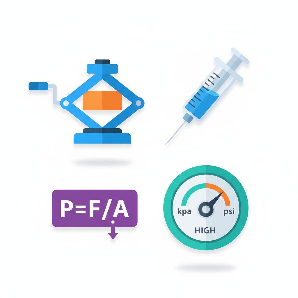 collage of flat icons: hydraulic jack, syringe, barometer, formula P=F/A, science education style