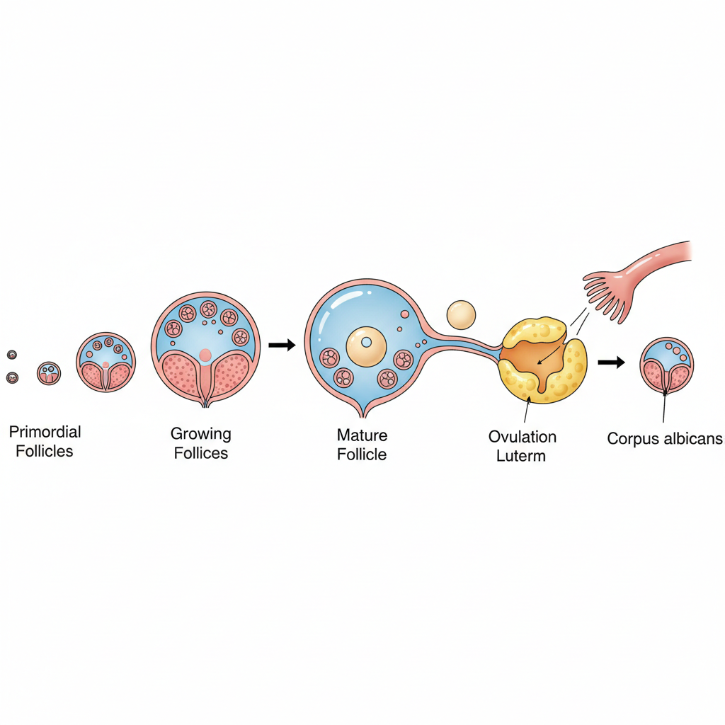 Medical illustration of the ovarian cycle showing folliculogenesis, mature follicle, ovulation event, and corpus luteum. Clean scientific diagram style, white background.