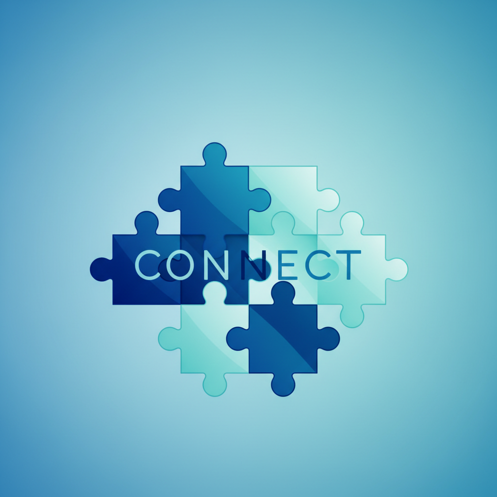 abstract minimalist illustration of puzzle pieces forming a word, shades of blue and teal