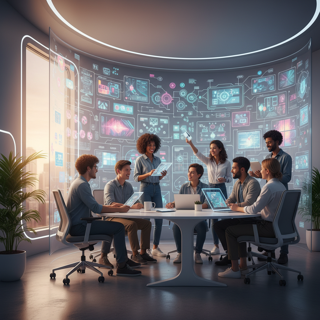 cinematic photography of diverse creative team collaborating in a modern futuristic office, looking at a wall of colorful design sketches, warm lighting, optimism
