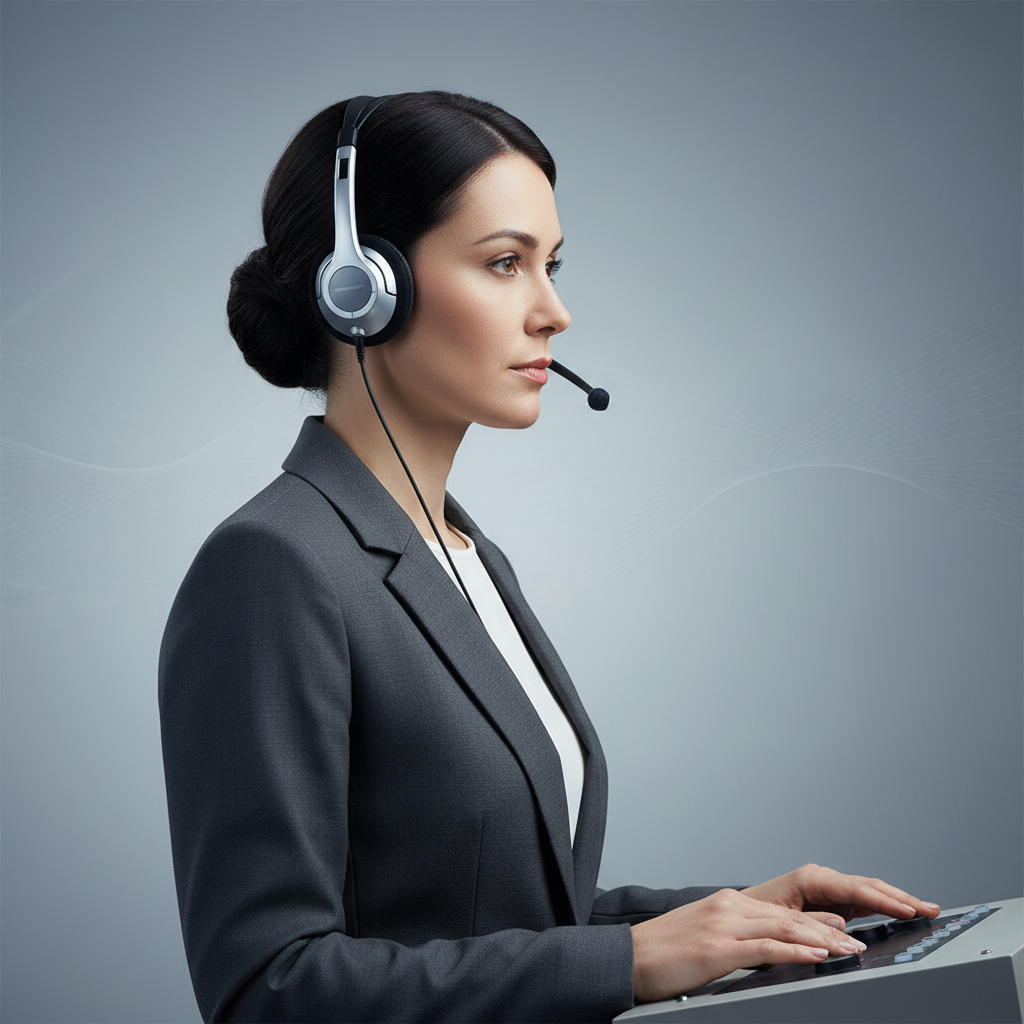 Professional interpreter wearing a headset, minimalist, clean background