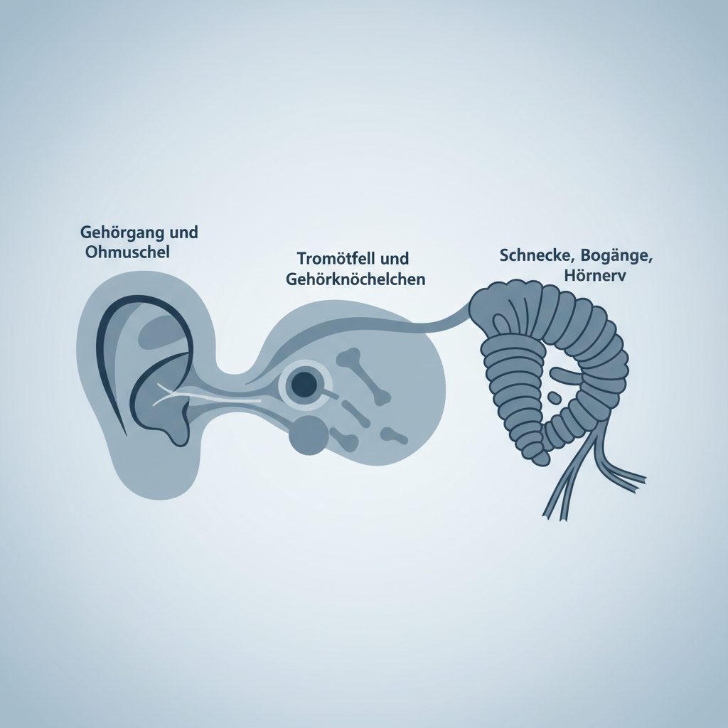 Anatomy diagram showing outer ear, middle ear, and inner ear clearly separated, labeled style without text, simple vector graphics, no text, no labels, german context