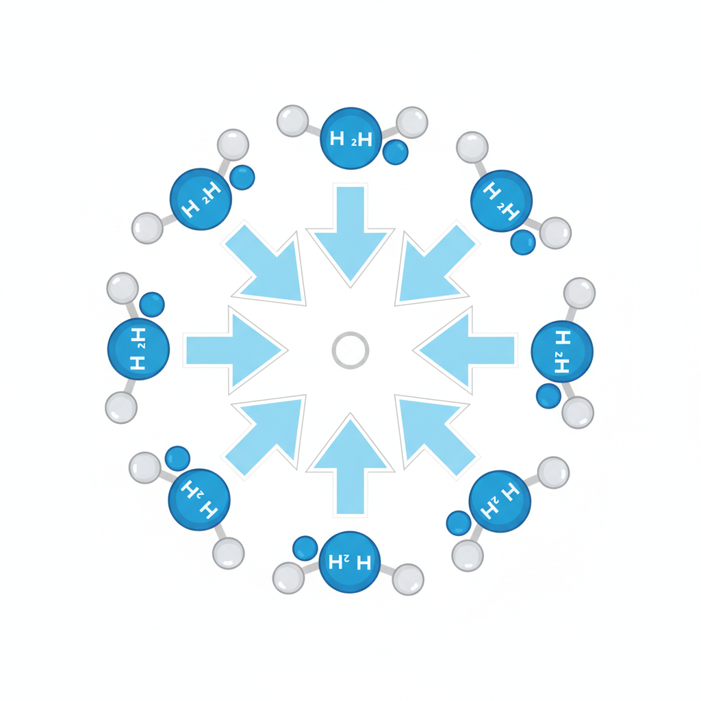 abstract vector diagram of water molecules pulling towards a center point, arrows indicating inward force, educational style