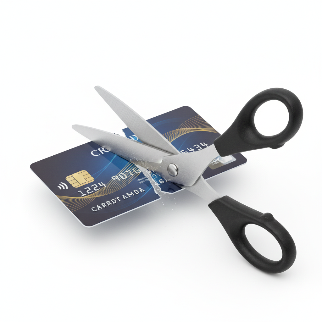 scissors cutting a credit card in half, clean background