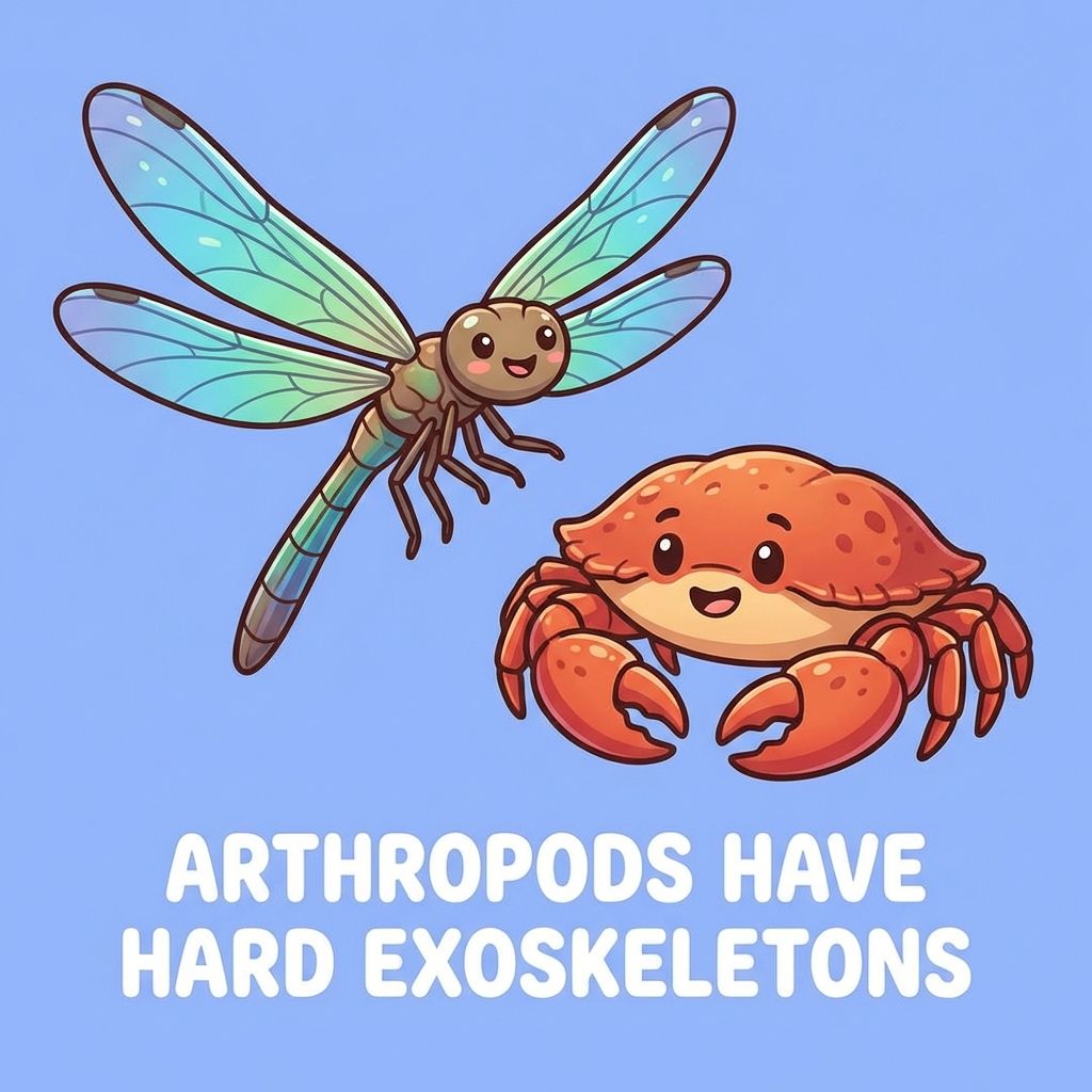 cartoon close up of a dragonfly and a crab showing their hard shells, friendly style, bright colors