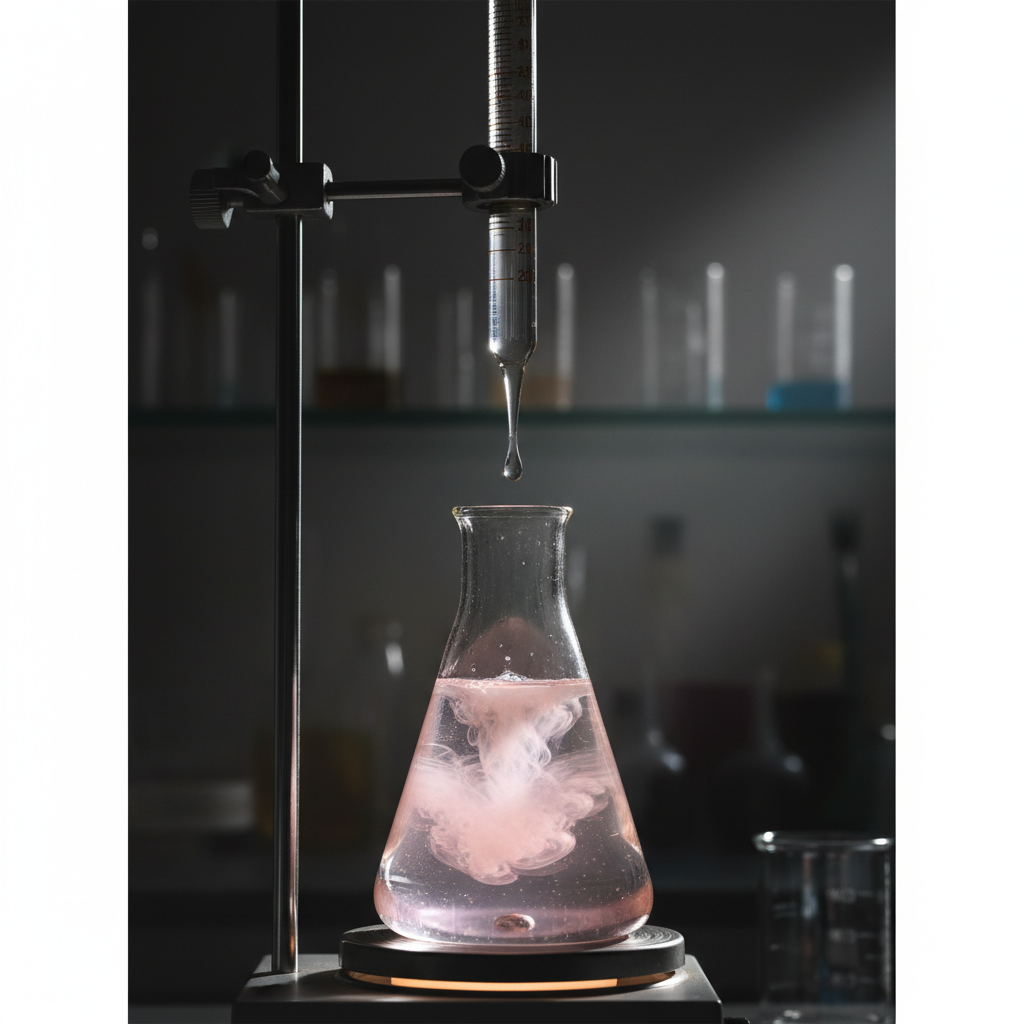Chemical titration setup in a laboratory, burette dripping into an Erlenmeyer flask, liquid turning pink (phenolphthalein indicator), dark background, cinematic lighting, sharp focus