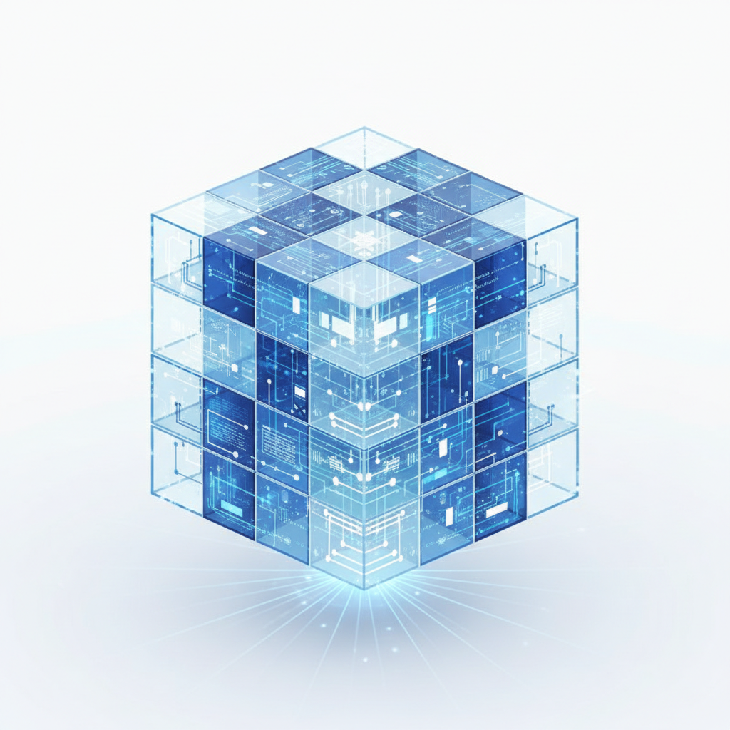 modern clean filing cabinet or database server visualization concept, blue and white, ordered data, transparency