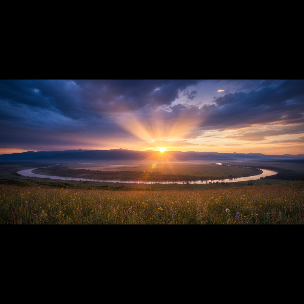 A beautiful cinematic sunrise over a horizon, clearing storm clouds, symbolizing hope and new beginnings