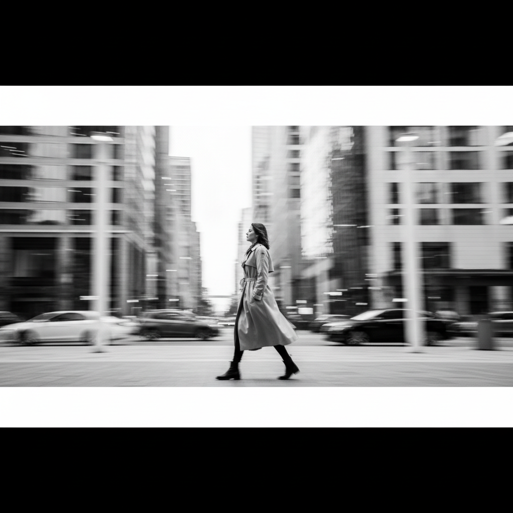 Black and white photography of a person walking peacefully in a busy modern city, wearing a coat, minimalist composition, sharp focus on subject, blurred city motion