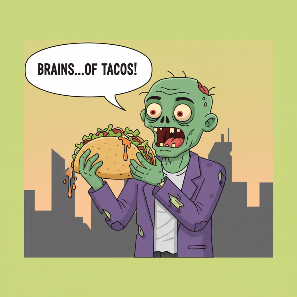 Funny cartoon of a zombie happily eating a taco, flat vector style