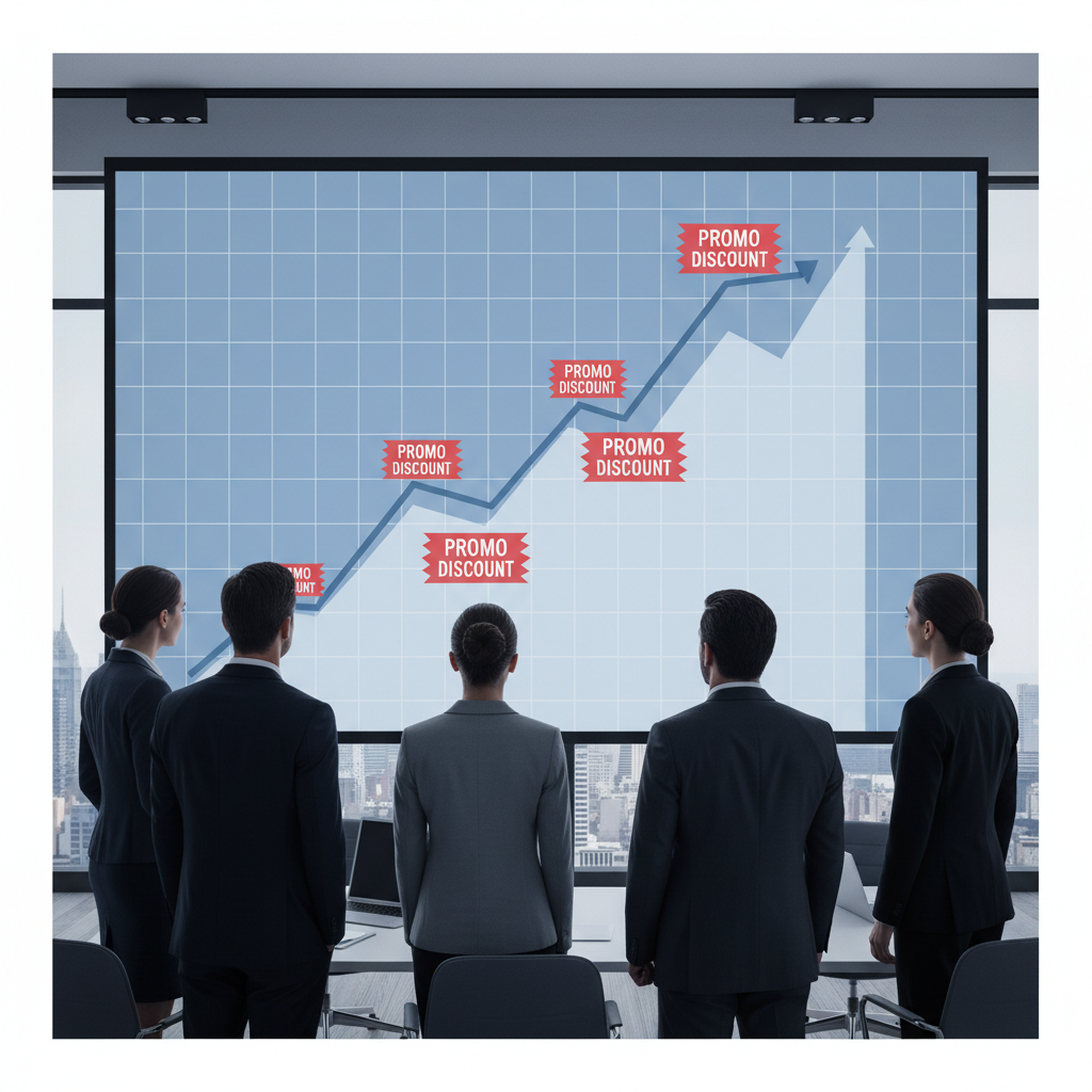 Professional corporate team in a meeting room looking at a large screen showing a steeply rising line graph marked with red promotional discount tags. Business attire, modern office, focus on the data screen.