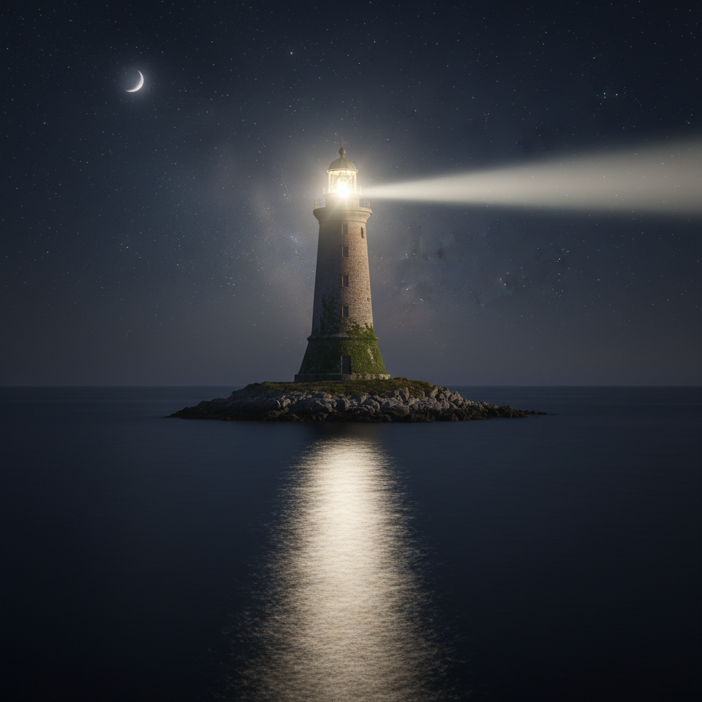 A sturdy, ancient stone lighthouse standing firm against a calm dark sea, emitting a strong steady beam of light. Symbol of enduring truth and guidance. Cinematic lighting, realistic style.