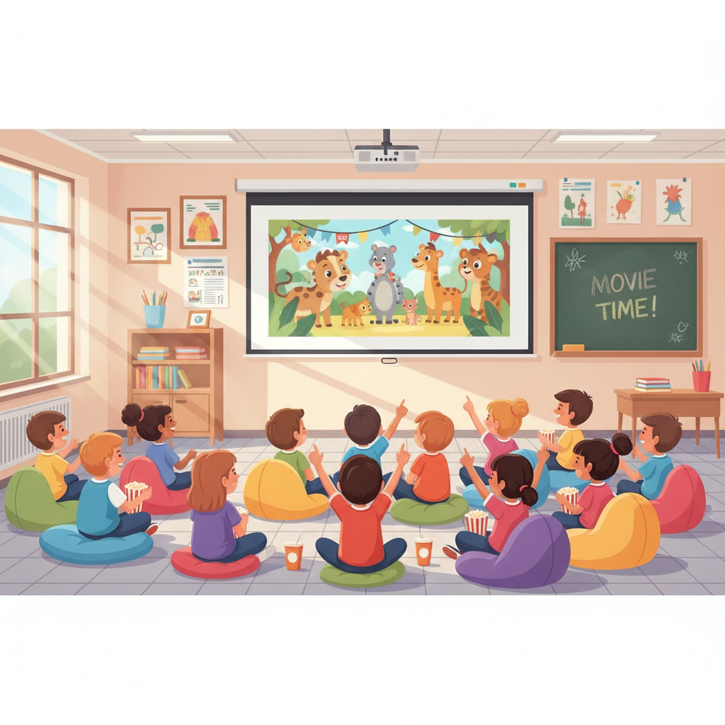 A cinema screen inside a classroom with happy kids watching, illustration style