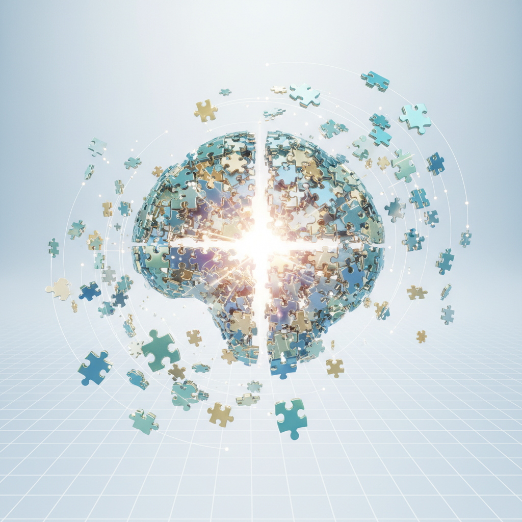 puzzle pieces coming together solution concept, 3d render, clean style