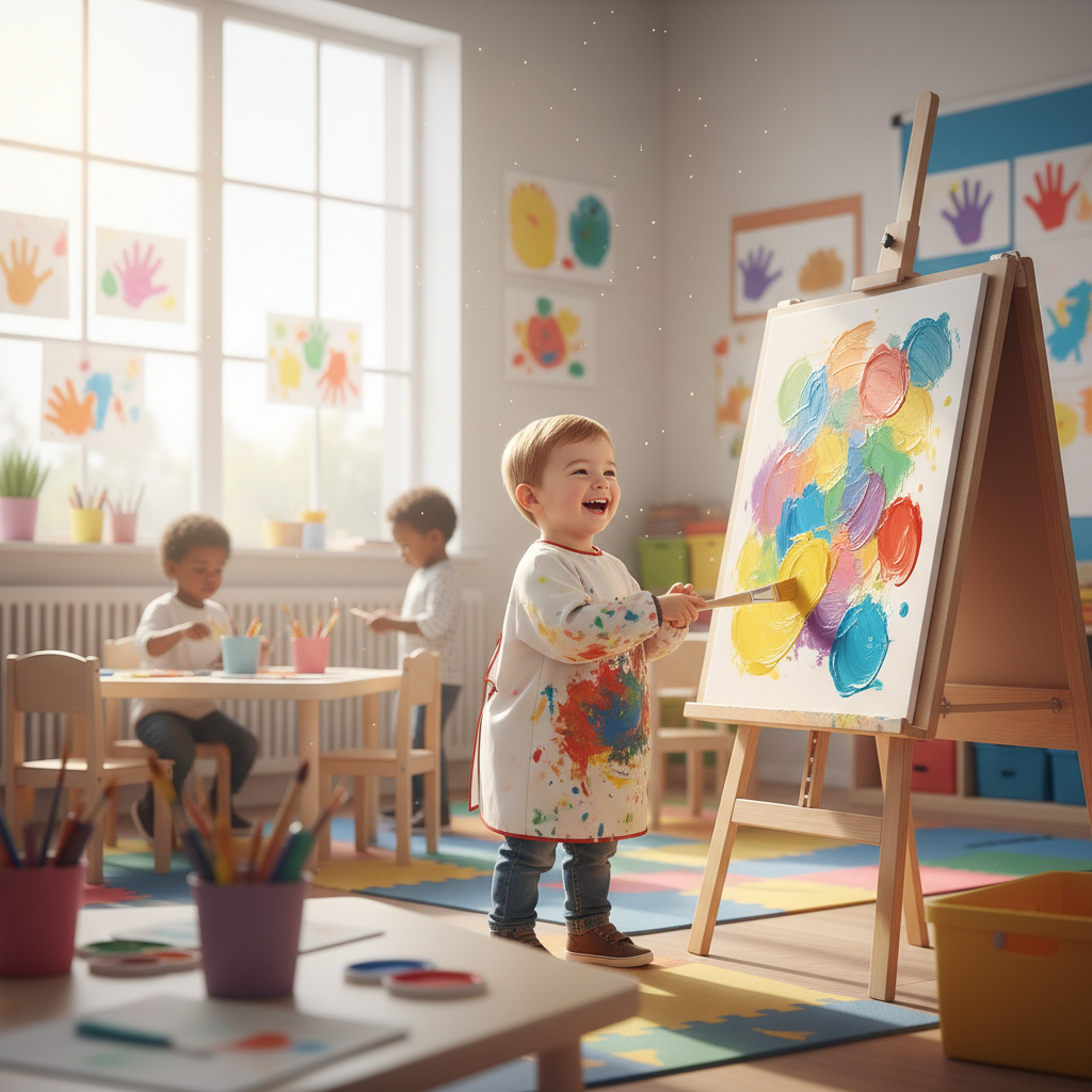 happy toddler painting on an easel in a bright classroom