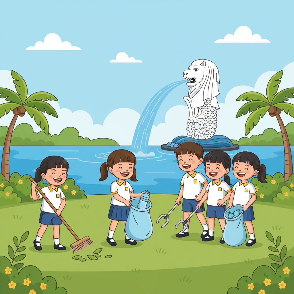 Cartoon illustration of happy primary school children in Singapore uniforms cleaning a park, bright sunny day, Merlion statue in background, vector art style