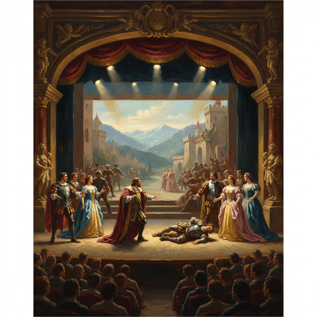 An artistic illustration of a stage play in progress, showing depth and dimension, oil painting style