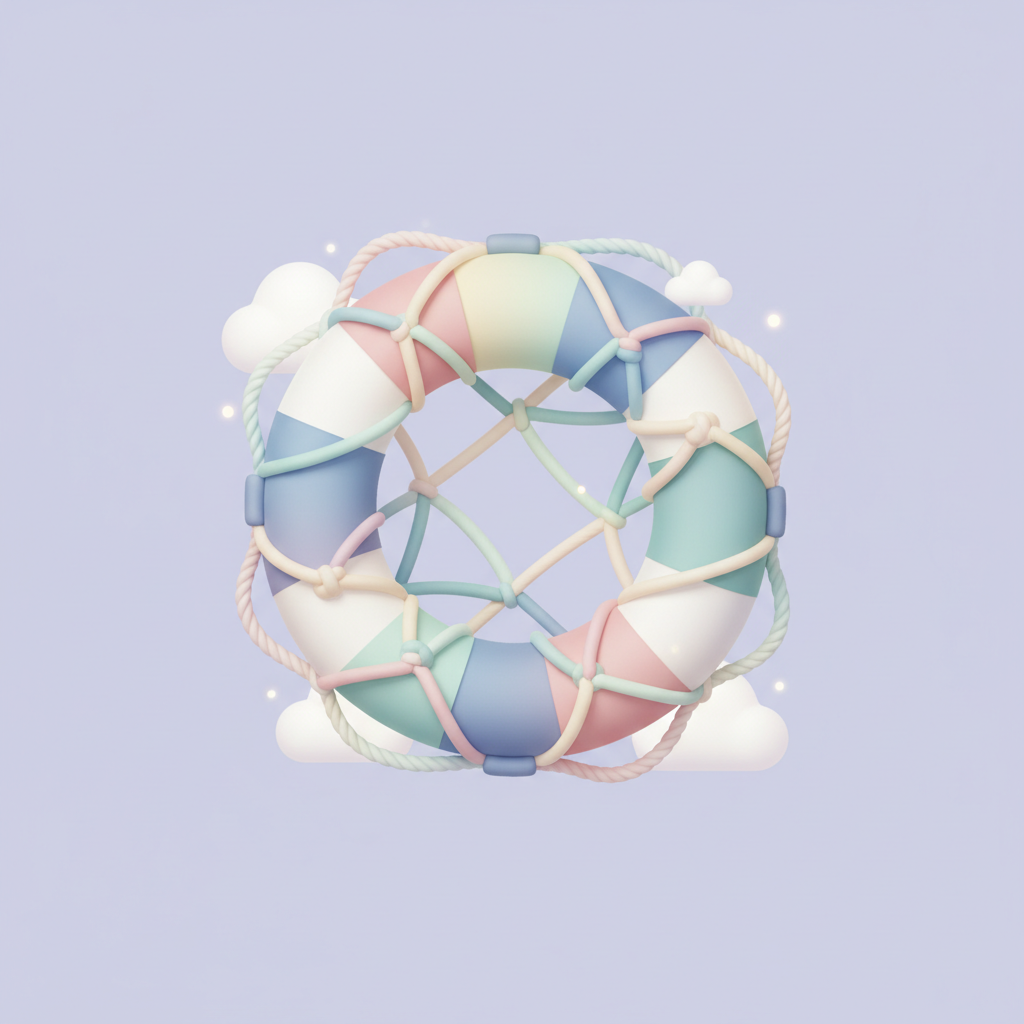 soft illustration of a safety net or lifebuoy, gentle protection concept, pastel colors, reassuring feel