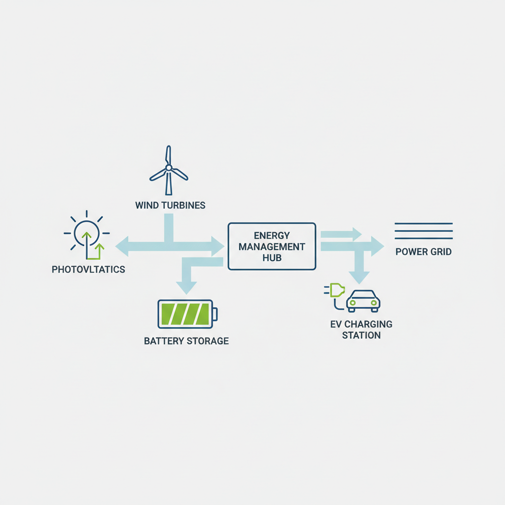 Minimalist schematic diagram showing energy flow between Photovoltaics, Wind Turbines, Battery Storage, Power Grid and EV Charging Station