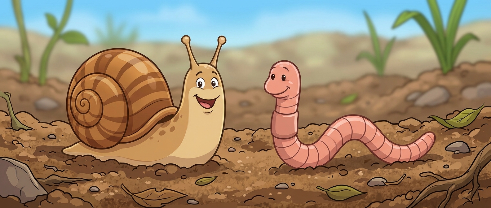 cartoon snail with a shell and a pink earthworm side by side on dirt background