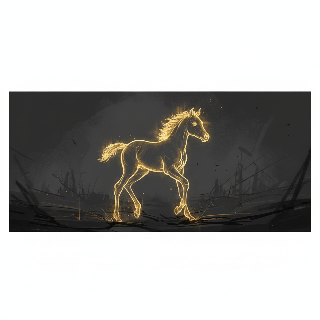 artistic abstract illustration of a glowing golden foal outline against a dark grey war background contrast