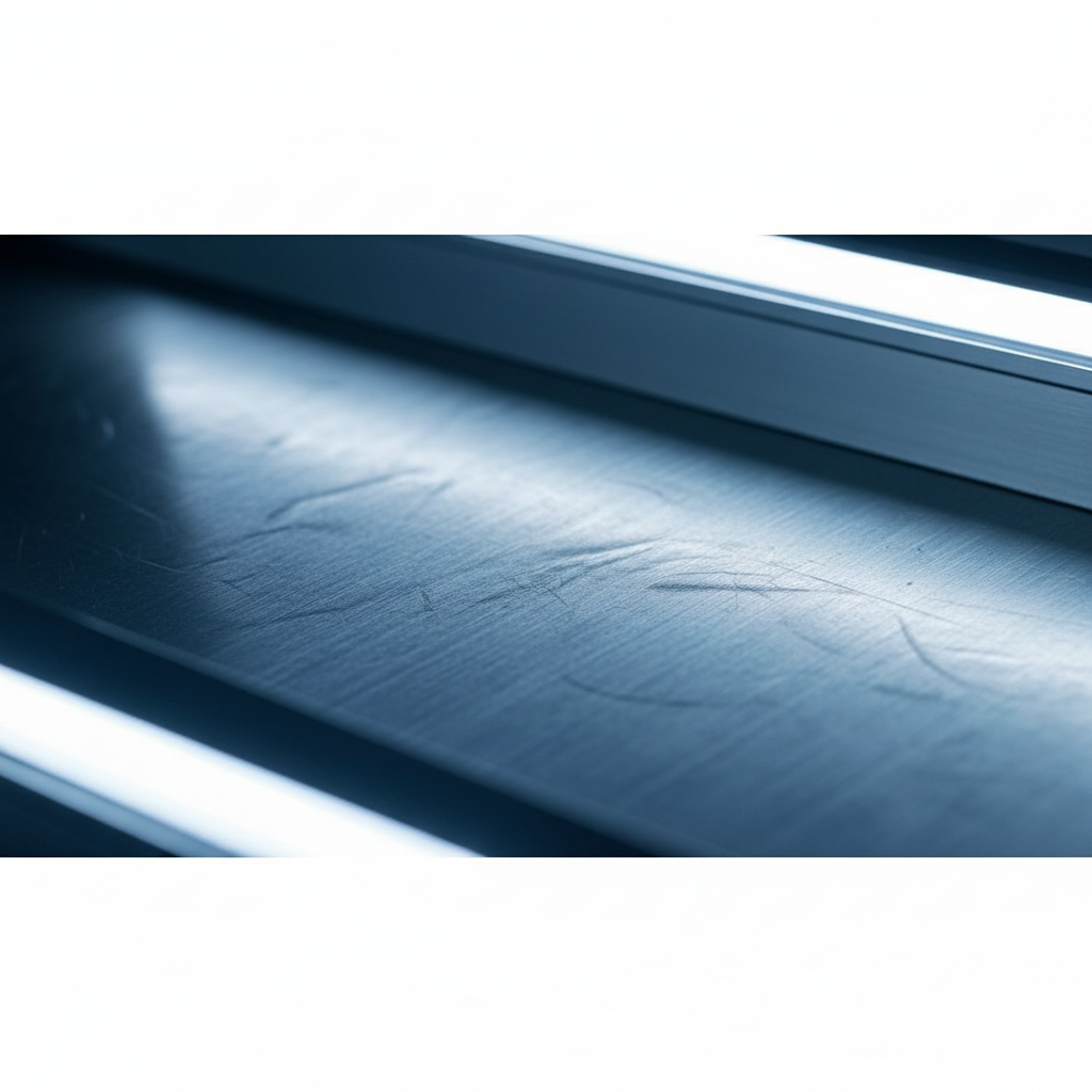 abstract macro photography of brushed aluminum metal texture, sleek industrial lighting, metallic silver and blue tones, 8k resolution, minimalist background