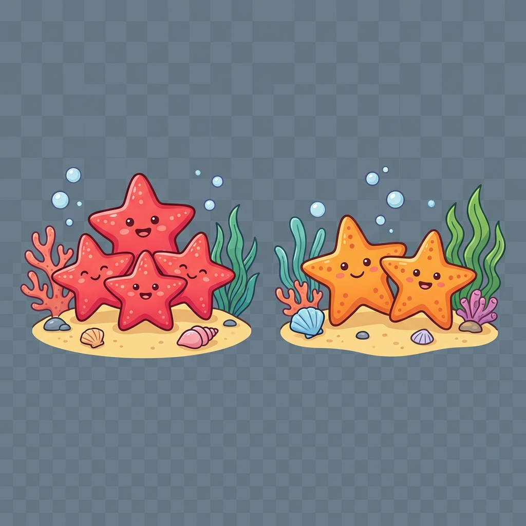 Two groups of starfish on the sea floor: one group of 4 red starfish and one group of 2 orange starfish, cute cartoon style