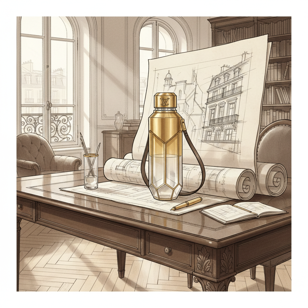 Sketch of a luxury water bottle design on a designer desk in a parisian apartment, architectural drawings, gold pen, morning light, luxury atmosphere
