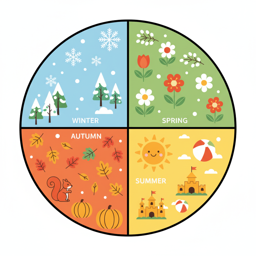 illustration of a year cycle wheel with 4 distinct colored sections: snowy winter, green blooming spring, sunny yellow summer, orange autumn leaves, simple for kids