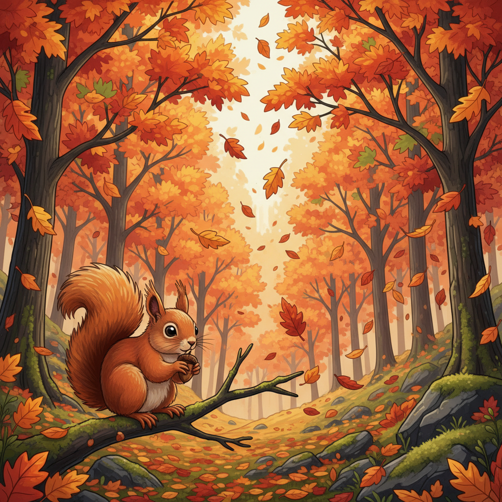 Norwegian forest in autumn, trees with vibrant orange red and yellow leaves, falling leaves, cute squirrel, illustration style