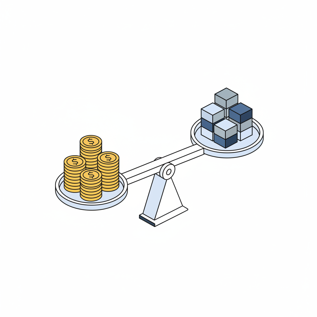 minimalist illustration of a balanced scale, one side showing coins (income), other side showing blocks (expenses), isometric style, white background
