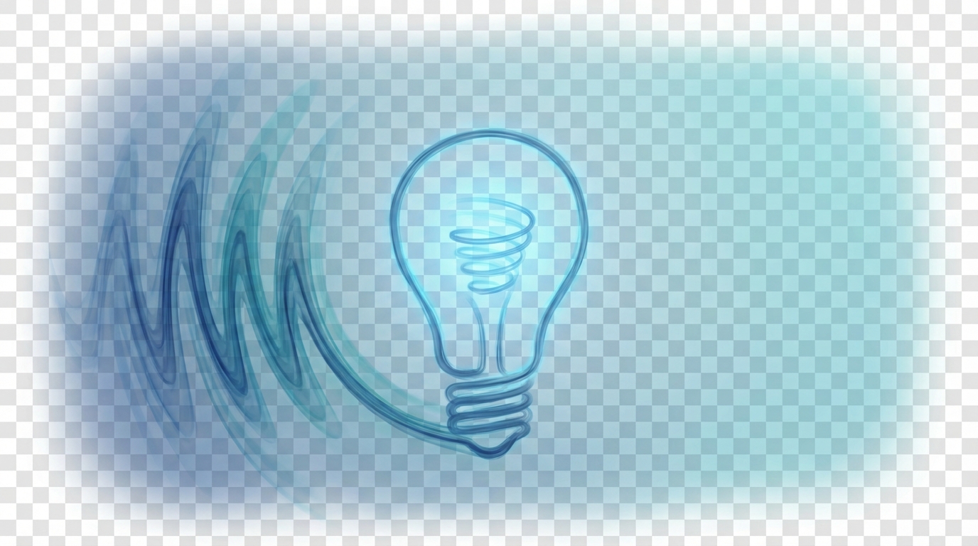 Abstract digital illustration of sound waves turning into a light bulb, symbolizing understanding through listening, soft blue tones