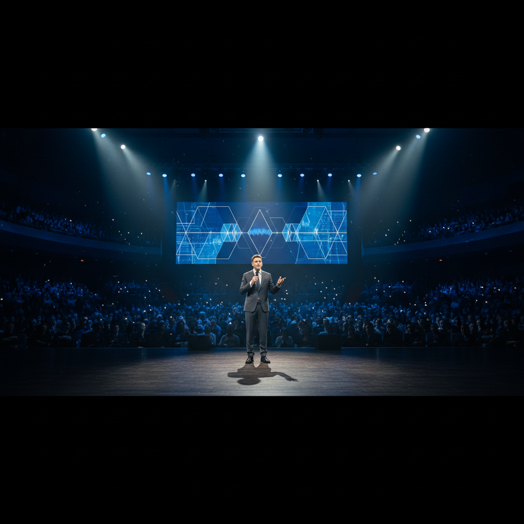 Speaker standing on a large stage facing a dark auditorium filled with an audience, dramatic lighting, professional academic conference setting, dark blue and white tones