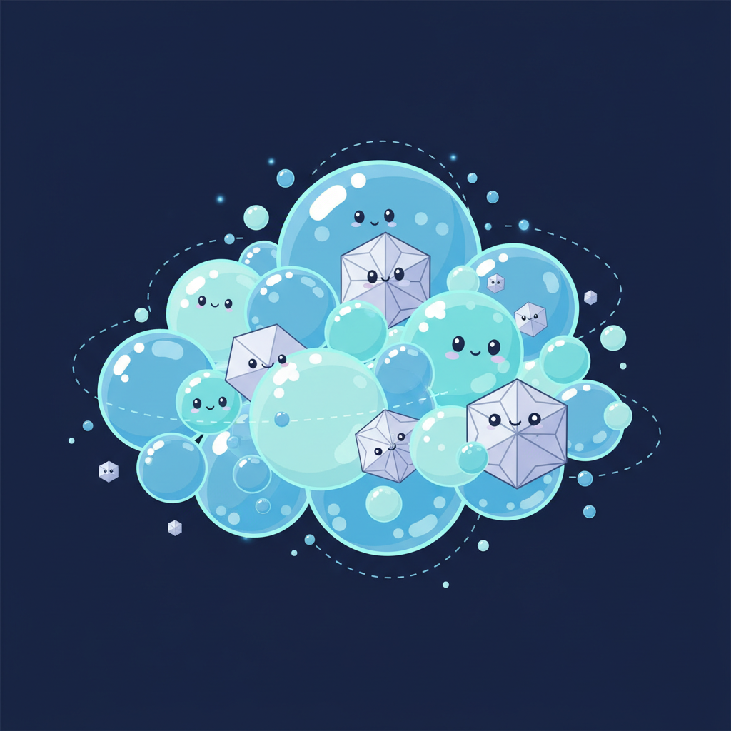 zoomed in vector illustration of tiny water droplets and ice crystals forming a cloud structure, scientific but cute, dark blue background