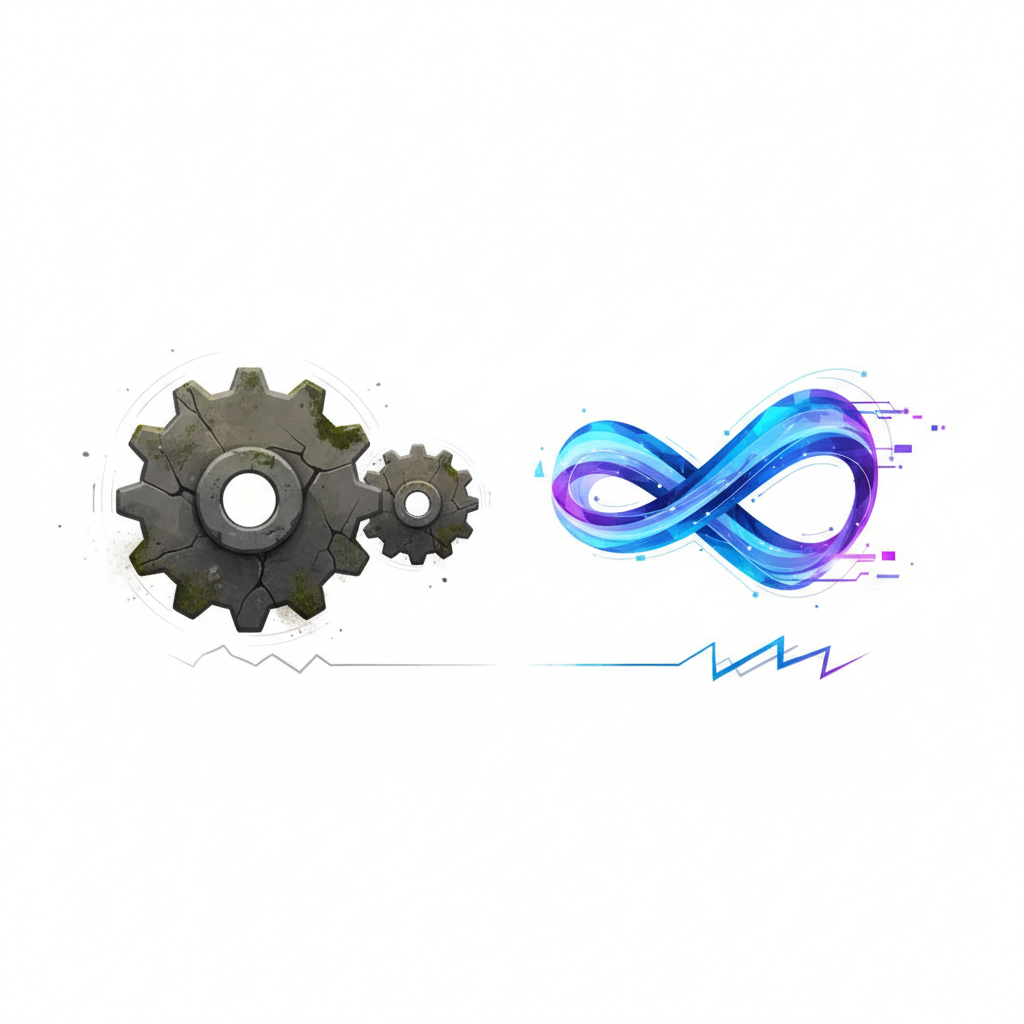 minimalist illustration comparison, left side heavy stone gears slow, right side digital glowing sleek fast speed, business metaphor, clean white background