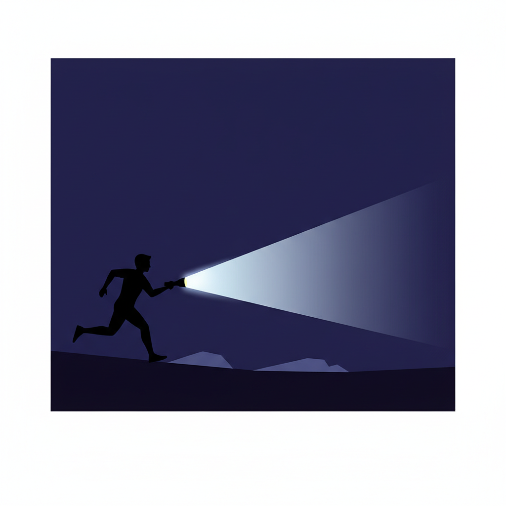 silhouette of a person running with a flashlight, beam of light cutting through darkness, minimalist vector