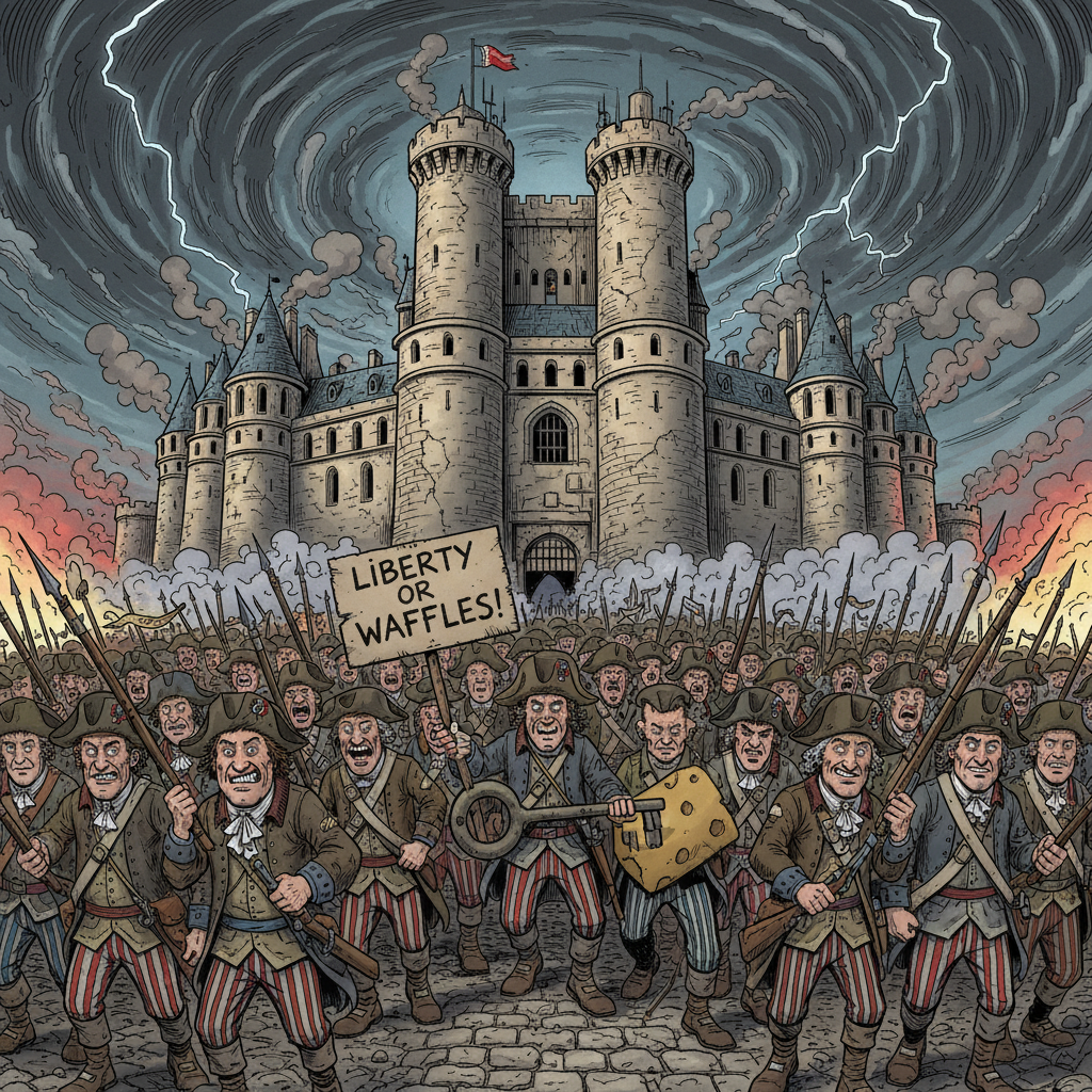 Satirical comic book style. Slight high angle. A large crowd of revolutionaries in striped pants and simple jackets marching towards the dark, massive fortress of the Bastille in the background. They carry pikes and old muskets. Dark sky, tense atmosphere.