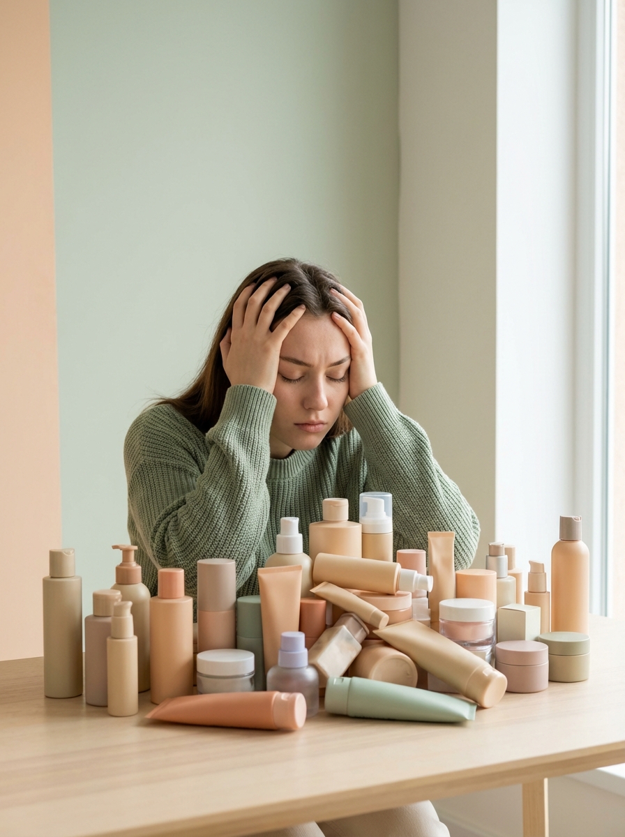 Stressed person with skincare products