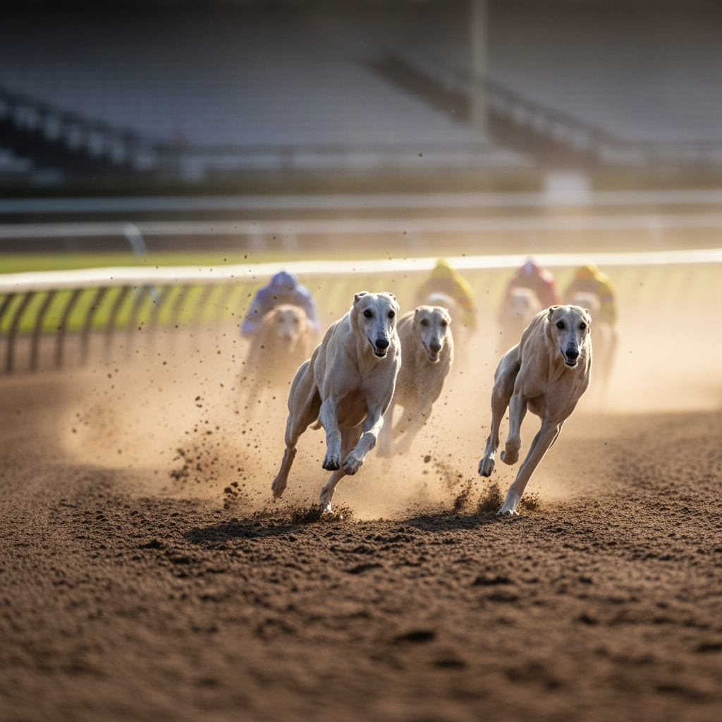Cinematic motion blur shot of greyhounds racing on a track, dirt flying, intense speed, professional sports photography style