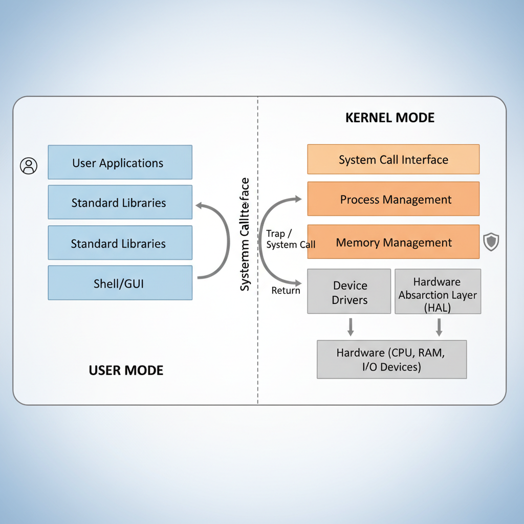 diagram showing user mode versus kernel mode architecture operation system layers