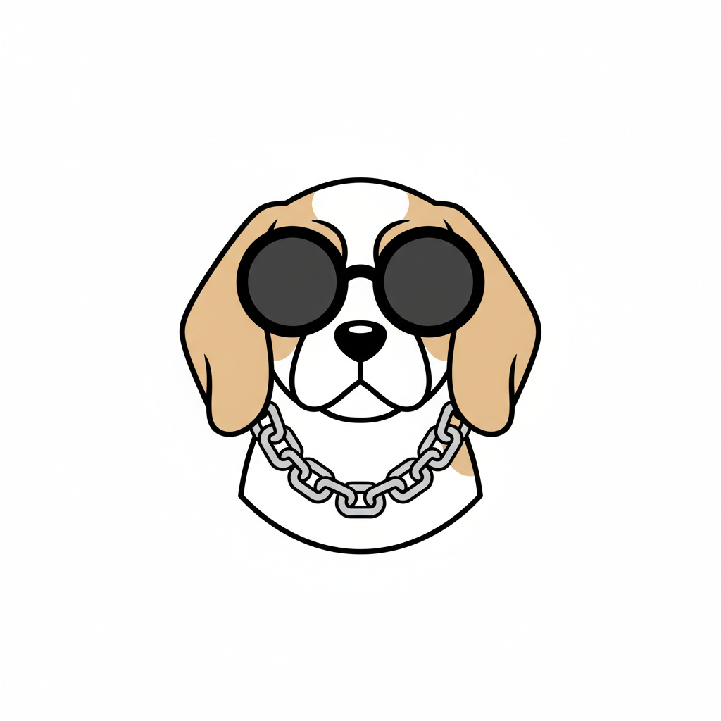 simple cartoon logo of a cute white beagle dog wearing sunglasses and a silver chain necklace, vector style, white background, minimalist