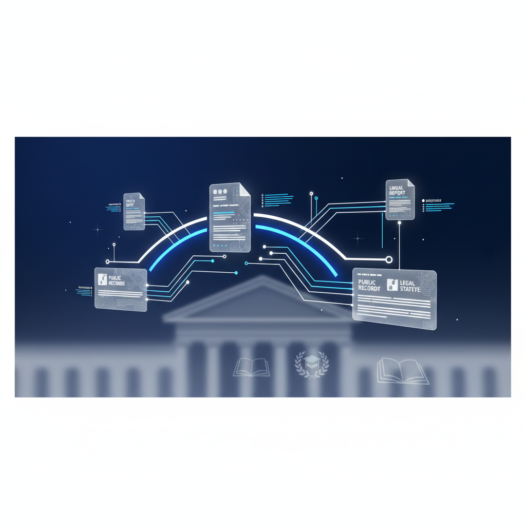 Abstract digital aesthetic, minimal data flows connecting government documents, clean white and navy blue palette, professional academic background