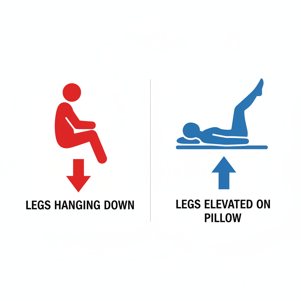 Simple icon comparison: Left side legs hanging down (red arrow down), Right side legs elevated on pillow (blue arrow up), clean minimalist medical icons