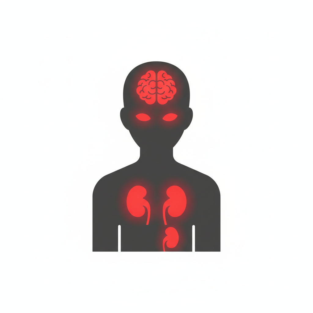 Minimalist icon illustration showing a human silhouette with highlighted target organs: brain, heart, kidneys, and eyes, red warning color, clean white background