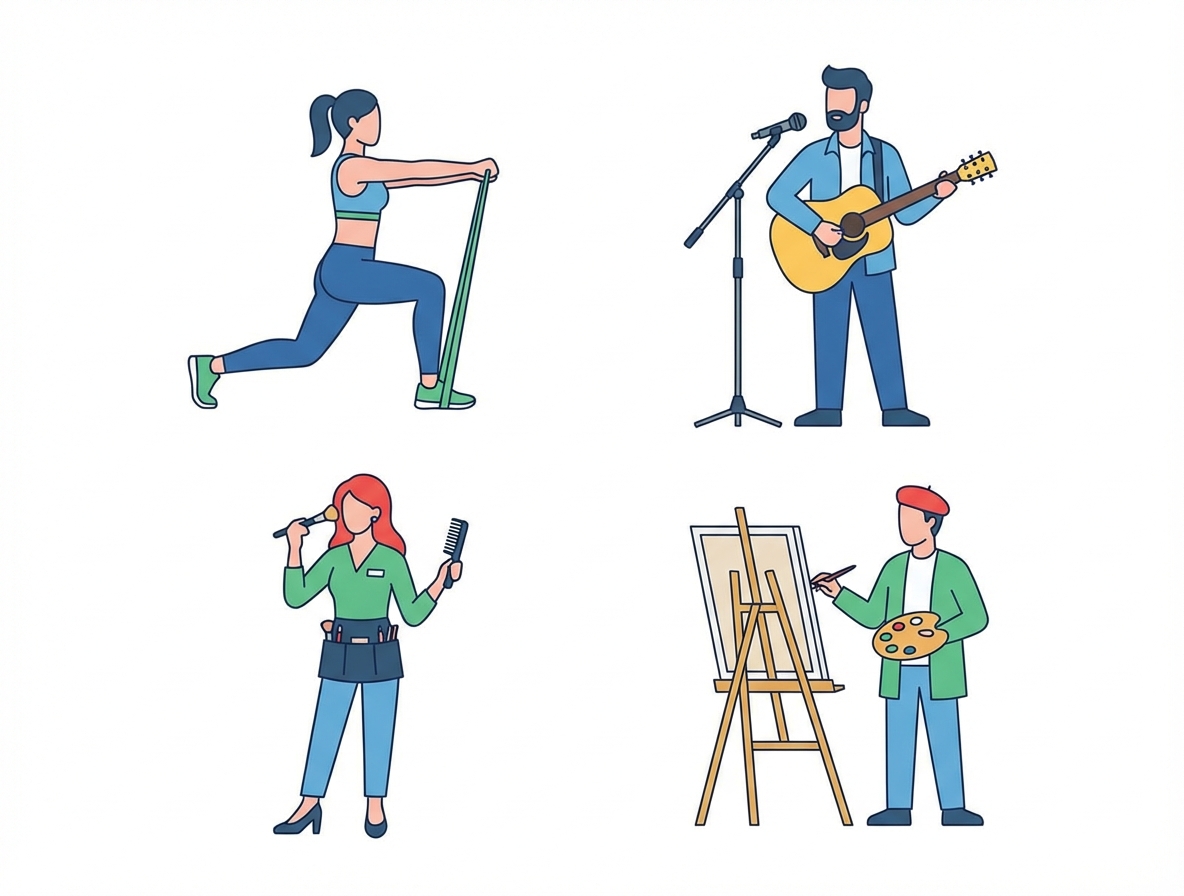collage of diverse professionals: fitness trainer, musician with guitar, beauty stylist, painter, white background, minimalist vector style