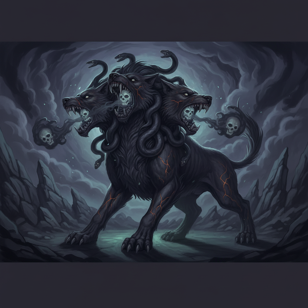 Cerberus three headed dog illustration greek mythology dark colors