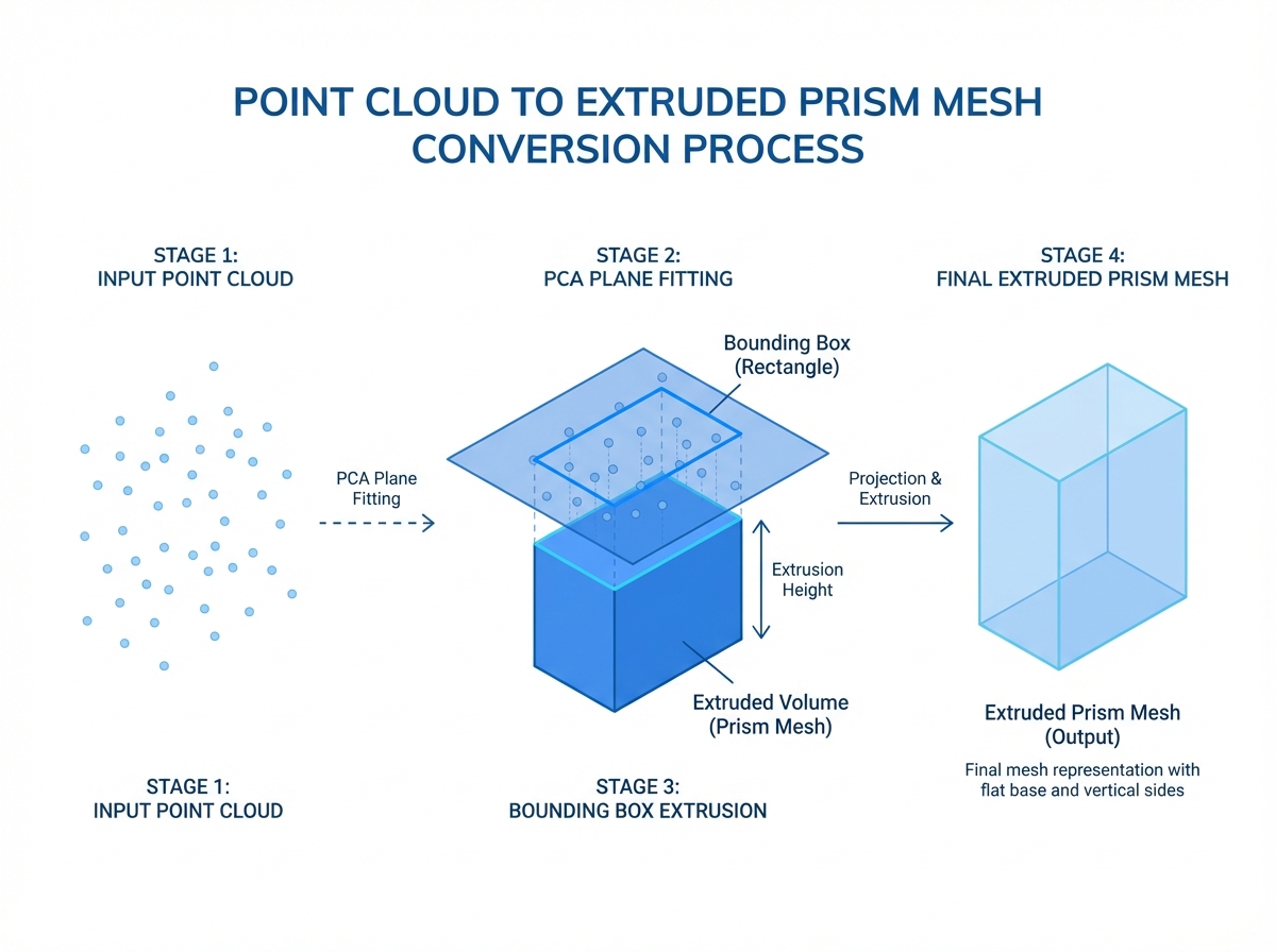 Technical diagram showing point cloud to extruded prism mesh conversion process, with PCA plane fitting and bounding box extrusion steps, clean blue technical illustration