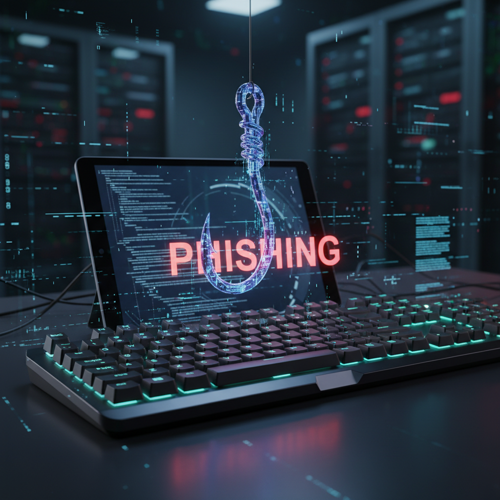3d rendering of a fishing hook hanging over a computer keyboard, metaphor for phishing, dark tech style
